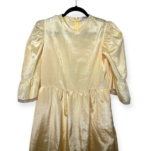 Batsheva Collarless Kate Dress Yellow Moire Maxi Ruffle Hem Lace Trim, Size 6 - Picture 5 of 12